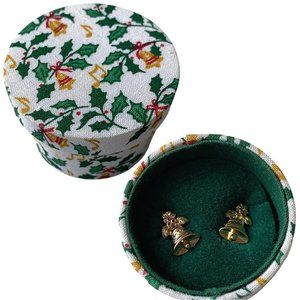 Gold Bell Earrings in Round Holly Gift Box
